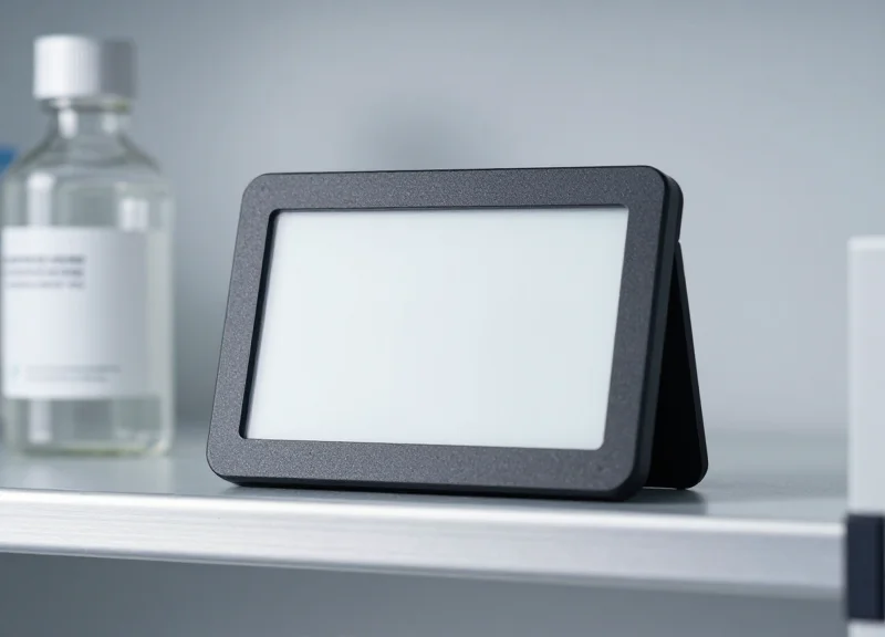 A modern electronic shelf label device mounted on a metal lab shelf with a glass bottle behind it.