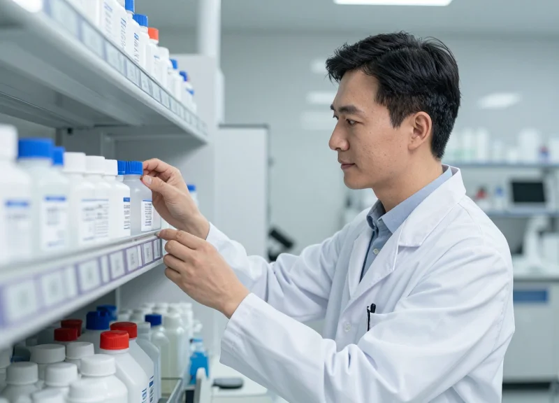 A focused scientist efficiently working in a modern, organized laboratory.