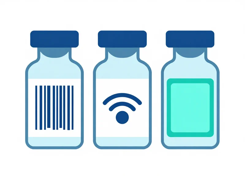 Conceptual illustration showing the technological evolution of biobank sample tracking from basic barcodes to digital displays.