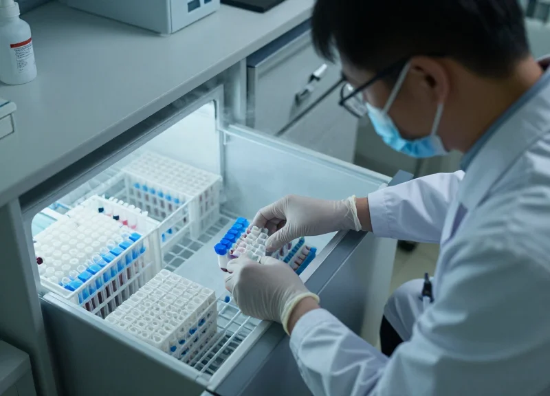 A scientist retrieving samples from a professional laboratory cryogenic storage unit with visible cold vapor.