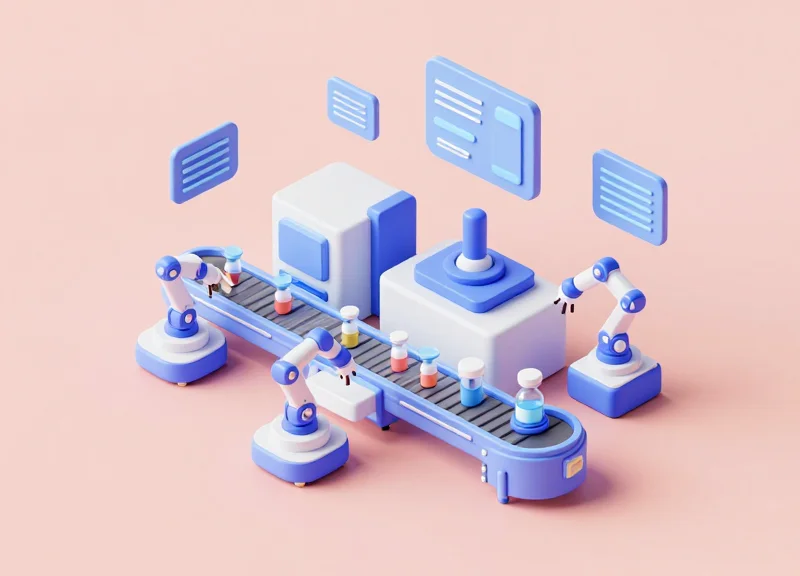 Isometric 3D model of an automated lab workflow and digital tracking system.
