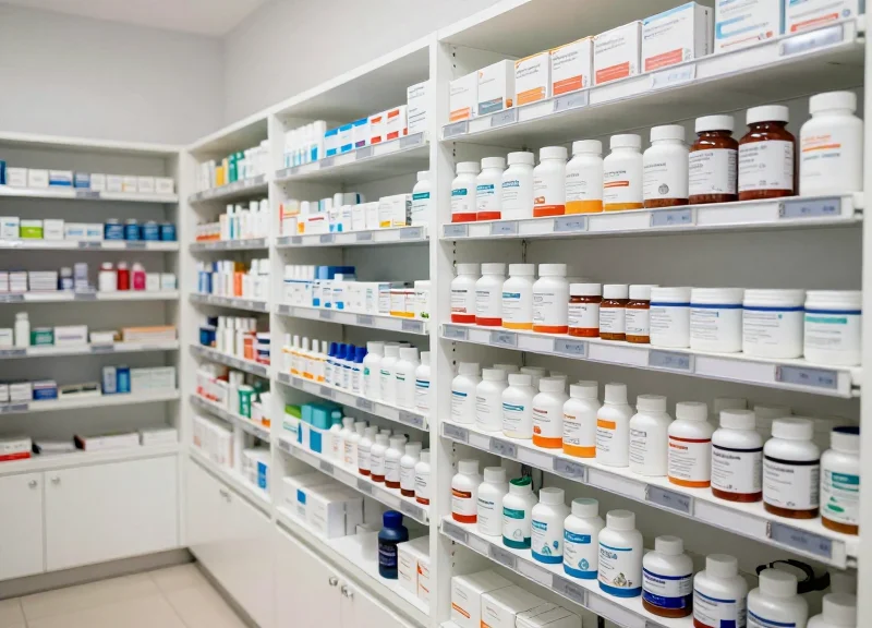 Well-organized veterinary pharmacy shelves with electronic labels and various pet medications.