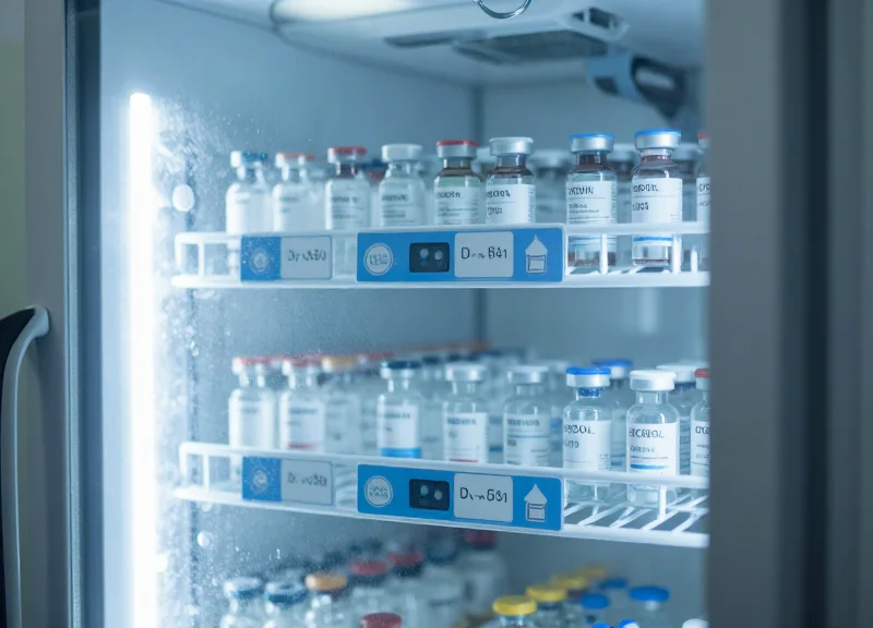 A medical refrigerator in a veterinary clinic storing temperature-sensitive vaccines and medications with electronic tags.