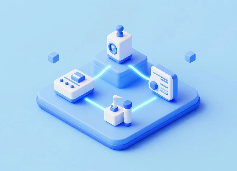 Isometric 3D model showing the workflow of ESL implementation in a pharmacy.
