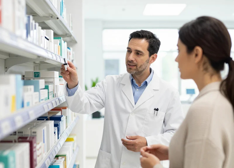 A veterinarian and a pet owner interacting in a modern clinic in front of a retail shelf.