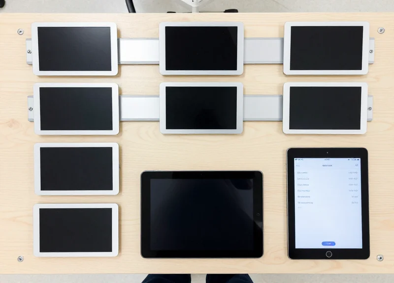 Neatly arranged electronic shelf label equipment and installation tools for clinic setup.