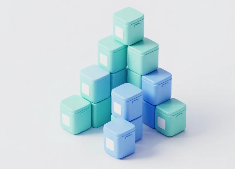 Isometric 3D illustration of medicine storage hierarchy with modular blocks