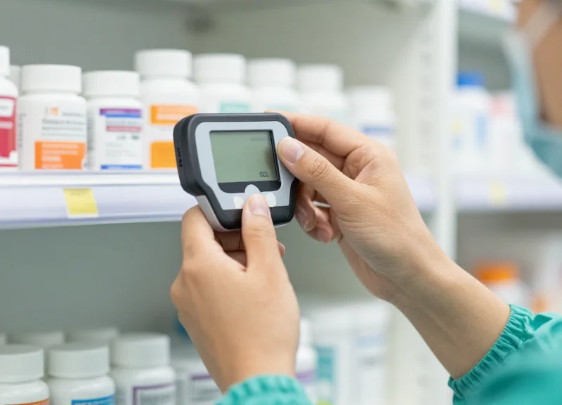 Close-up of staff installing digital shelf labels in a pharmacy