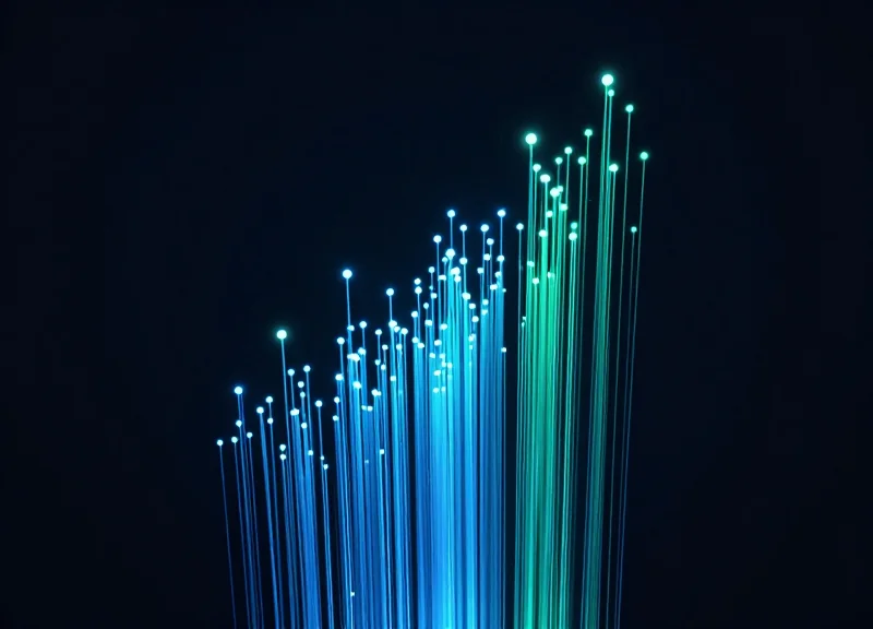 Abstract glowing data nodes showing upward growth and efficiency