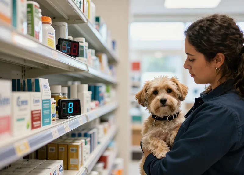 A pet owner with their dog in a clinic, looking at informative digital displays on product shelves.