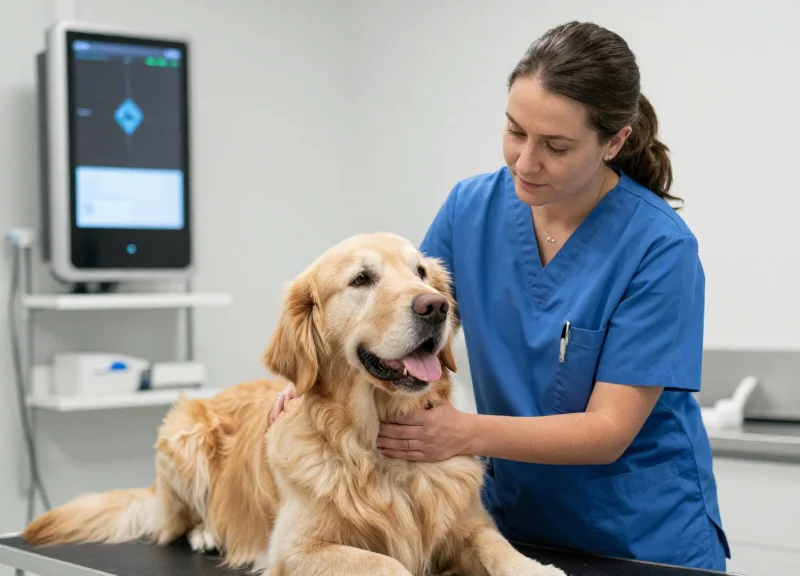 A veterinary professional caring for a pet, representing time saved by digital automation.