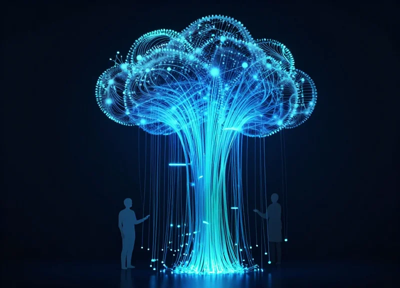 Abstract visualization of glowing data streams connecting medical hardware to a digital cloud network.