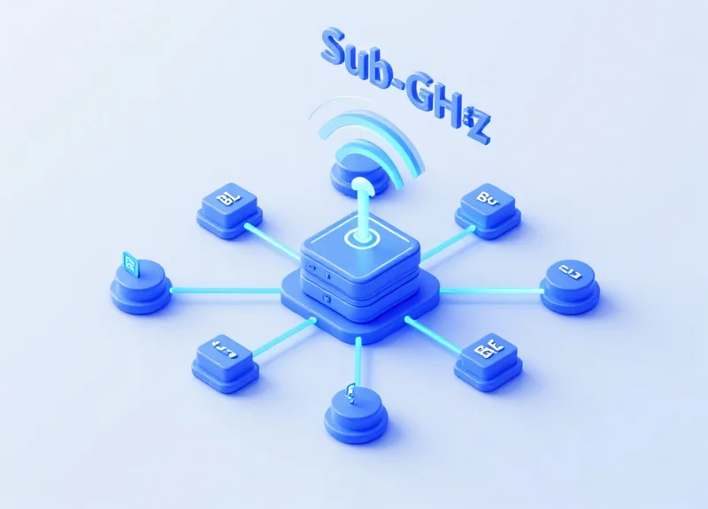 Isometric view of a connected network of electronic labels and a central wireless gateway in a showroom.
