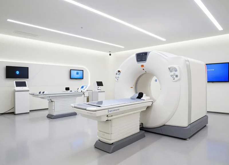 A modern, high-tech diagnostic equipment showroom with digital displays integrated into the machines.