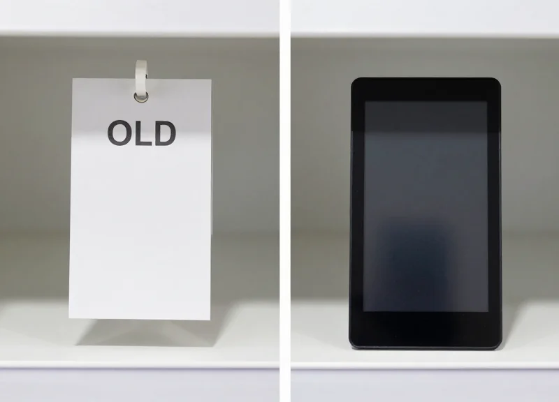 A comparison showing a paper price tag on the left and a digital electronic shelf label on the right