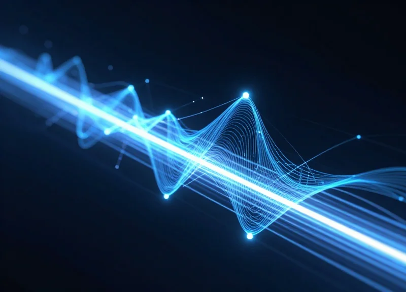 Abstract digital data stream with glowing light trails representing rapid data transfer.