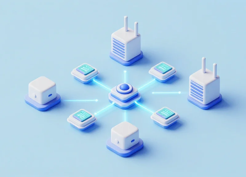 3D isometric model of a wireless server network connecting to multiple small digital devices in a building.
