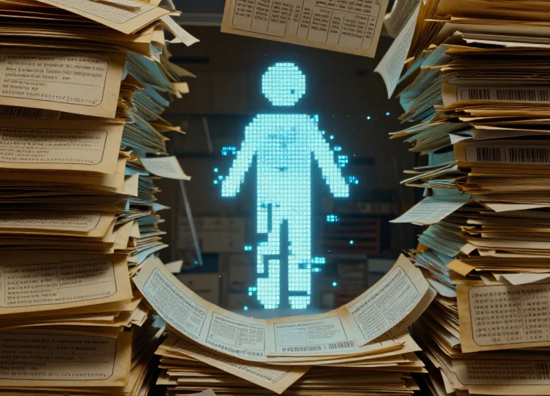 Conceptual illustration showing paper labels dissolving into digital light and pixels.