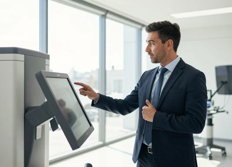 A healthcare professional using a digital display in a smart medical showroom.