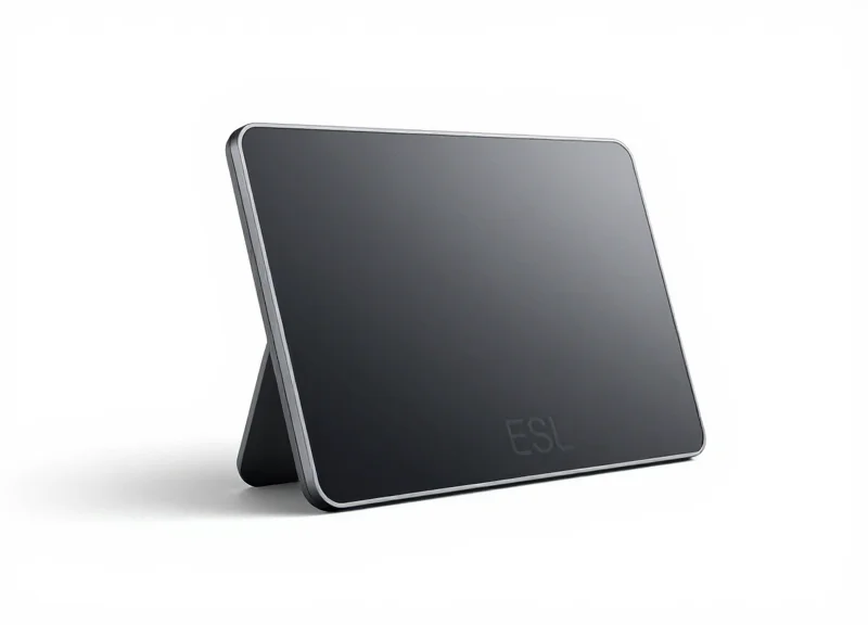A sleek, ultra-thin electronic shelf label shown from a profile view to highlight its slim industrial design.
