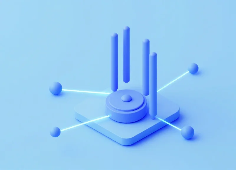 Isometric 3D model of a retail network infrastructure with connected nodes and glowing communication lines.