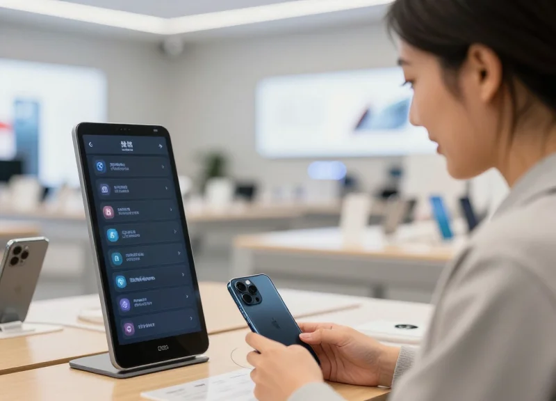 A customer in a modern telecom store observing a clear digital price tag on a shelf.
