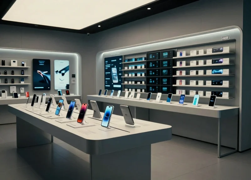 A modern mobile phone retail store featuring sleek electronic shelf labels on product displays in a high-tech environment.