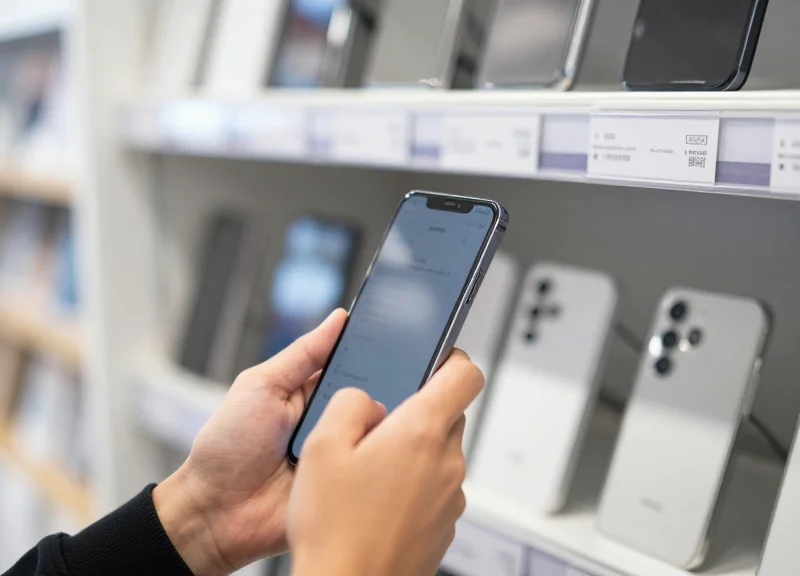 A customer using a smartphone to interact with an electronic shelf label via NFC in a modern store.