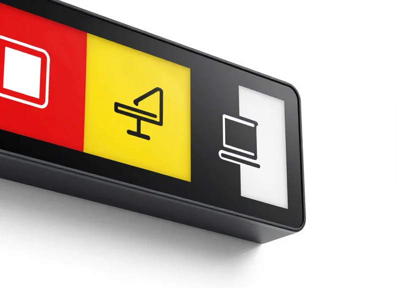 Close-up of a 4-color electronic shelf label displaying vibrant graphics on a white background.