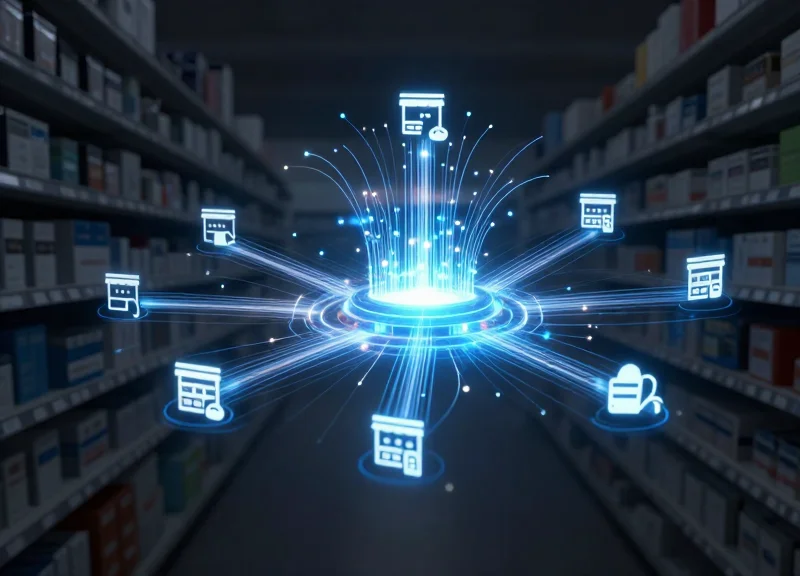 Abstract visualization of data syncing between retail shelves and a digital cloud.