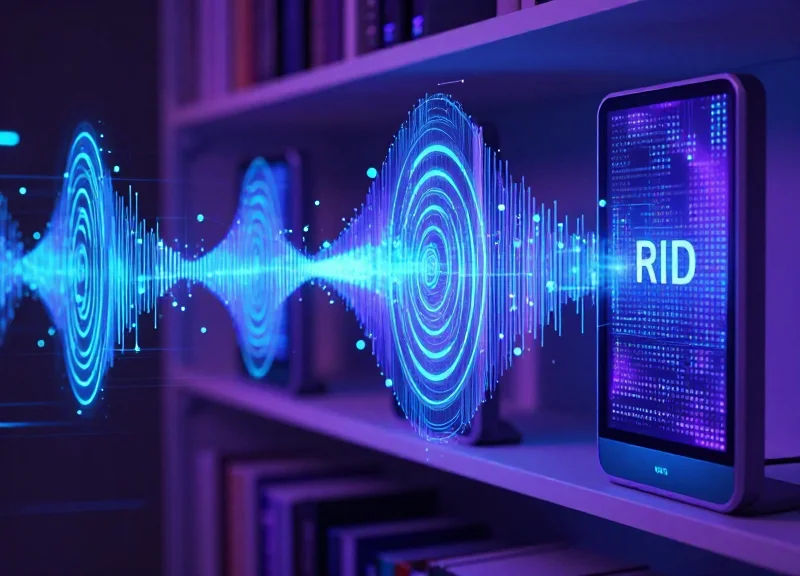 Abstract digital visualization of RFID and ESL technology synergy.
