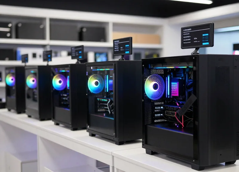 A high-end custom PC retail showroom with glowing RGB computers on display and electronic shelf labels showing component specs.