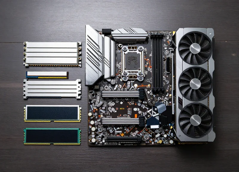 A professional flat lay arrangement of PC components like a motherboard, GPU, and RAM on a dark textured surface.