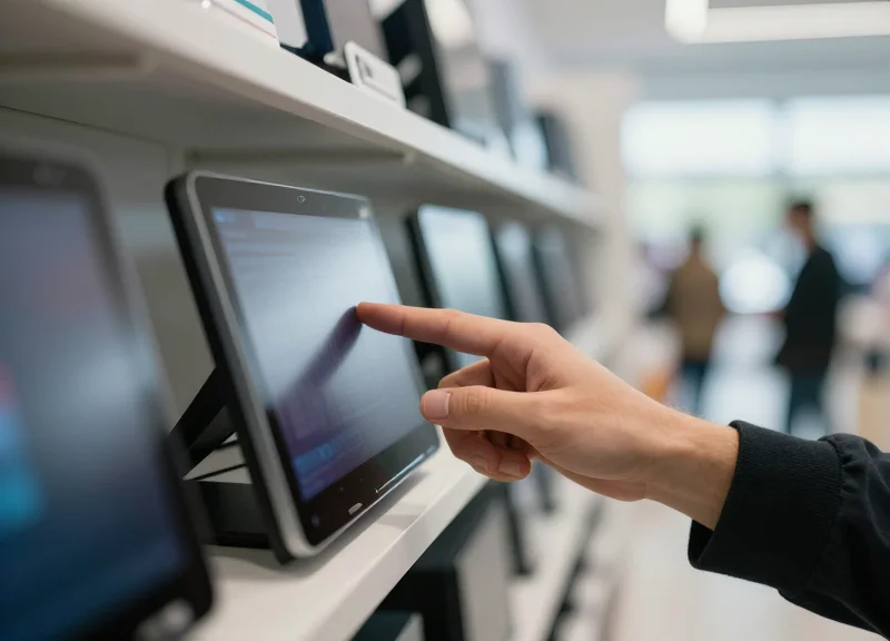 Close up of a customer pointing a smartphone at a digital shelf label in a computer store.