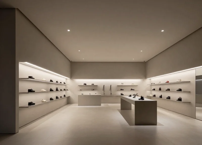 A sleek, futuristic high-tech retail showroom with clean lines and digital displays.