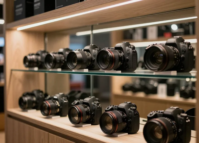 Luxury photography boutique interior featuring professional DSLR cameras on modern display stands under elegant studio lighting.