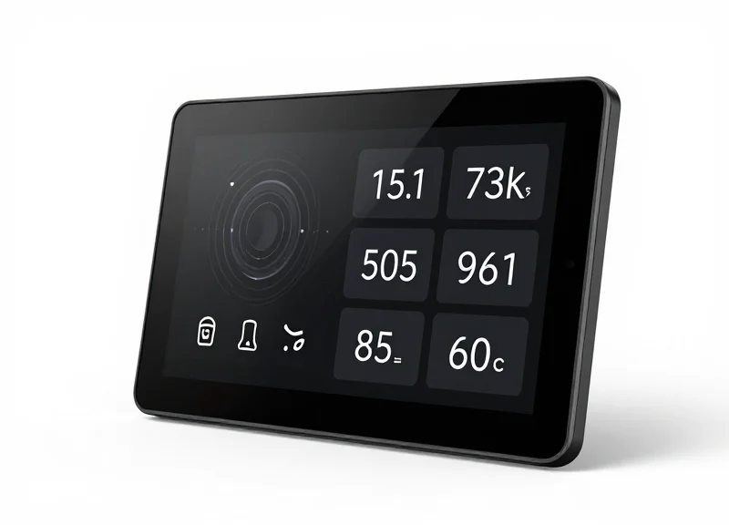 A modern electronic shelf label (ESL) with a digital display showing status icons, isolated on a clean background.