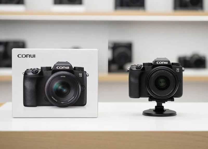 Comparison between a brand new boxed camera and a demo camera unit on a retail display.
