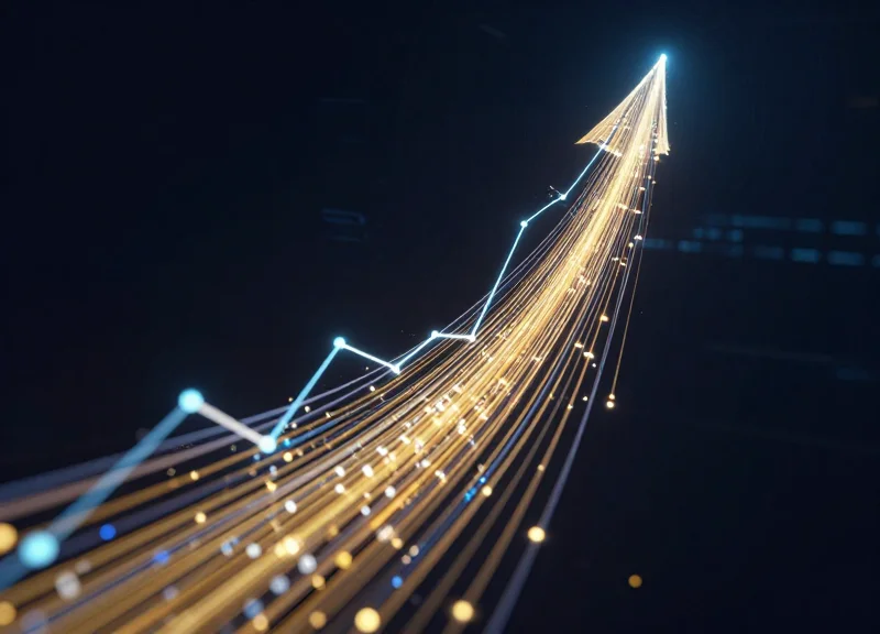 Abstract visualization of 35 percent ROI growth with glowing data streams and rising golden light trails.
