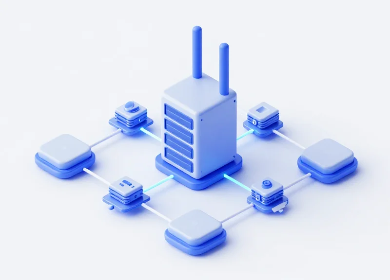 Isometric 3D model of a CMS connecting to a wireless ESL gateway system