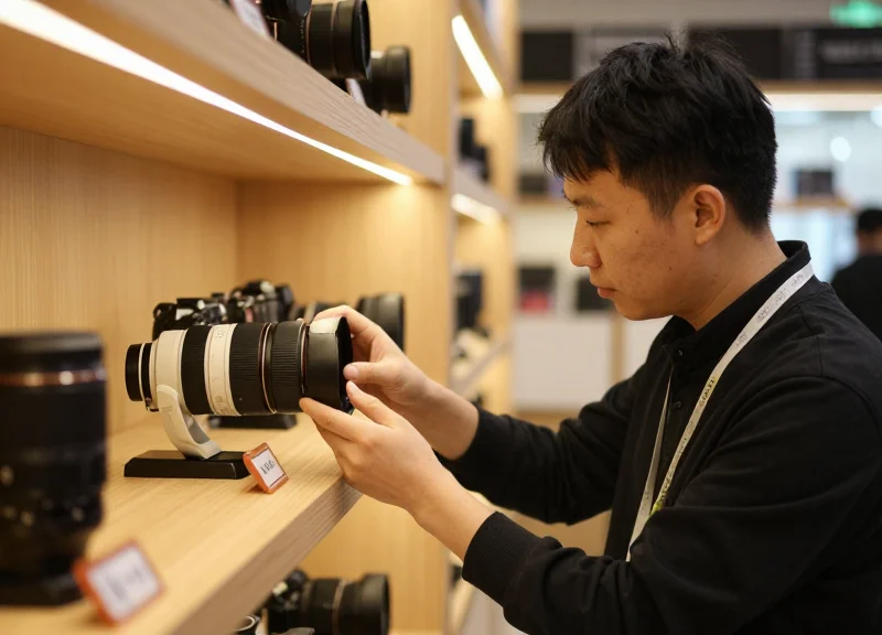 Professional photographer in a high-end boutique looking at a lens shelf with smart labels