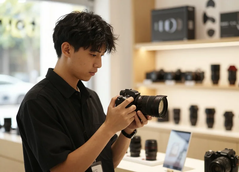 A modern shopper using a digital device to check camera specifications in a high-tech retail environment.