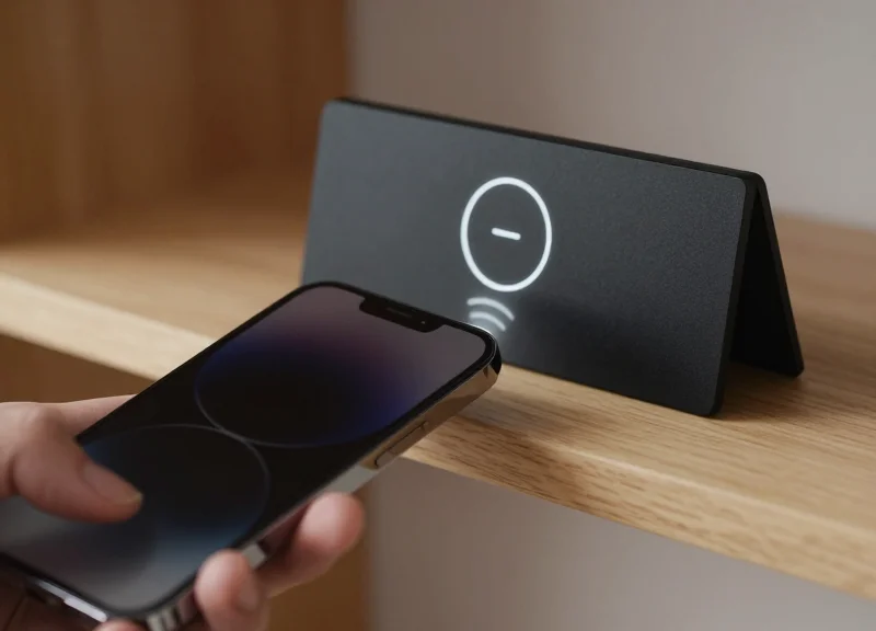 Close-up of a smartphone interacting with a sleek electronic shelf label via NFC in a camera shop.
