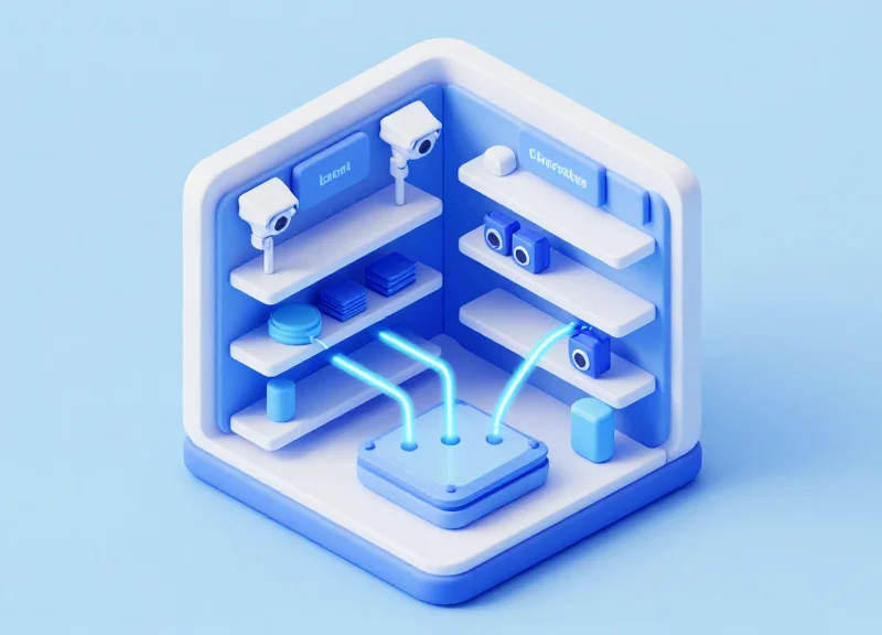 Isometric 3D model of an integrated retail security system showing electronic labels connected to sensors.