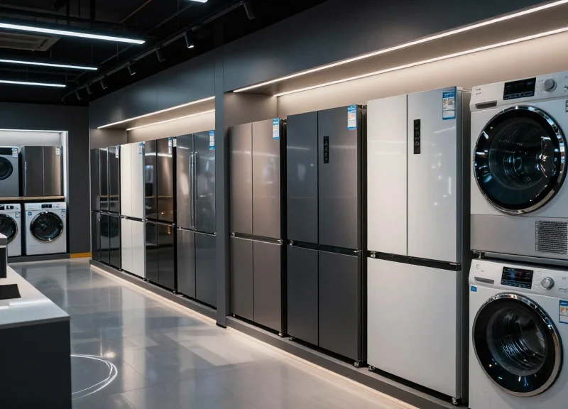 A modern and luxurious appliance retail showroom featuring high-end washing machines and refrigerators with cinematic lighting.