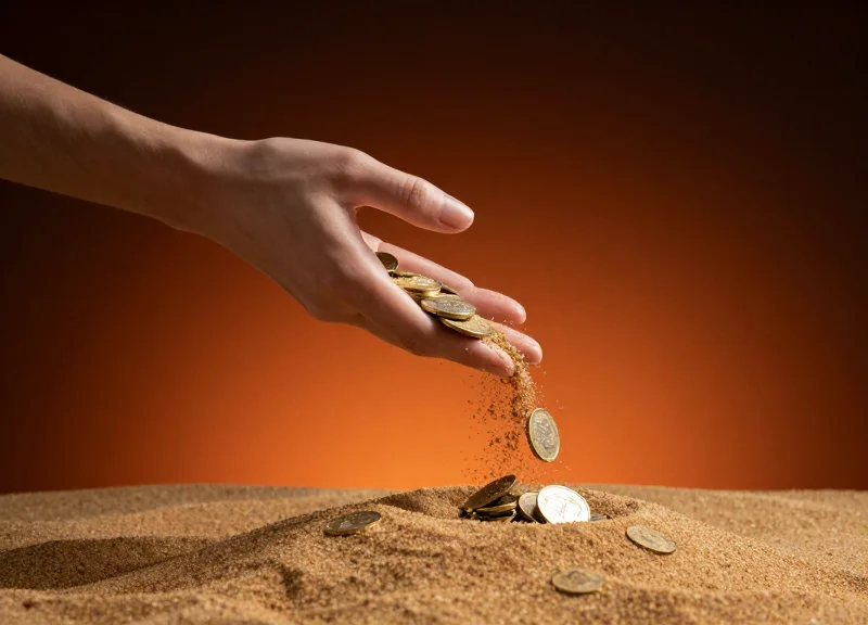 Surrealist illustration of golden coins slipping through open fingers, representing financial margin leakage.