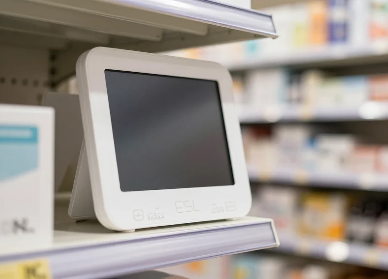 A close-up shot of an Electronic Shelf Label mounted on a metal retail shelf in a tech-savvy store environment.