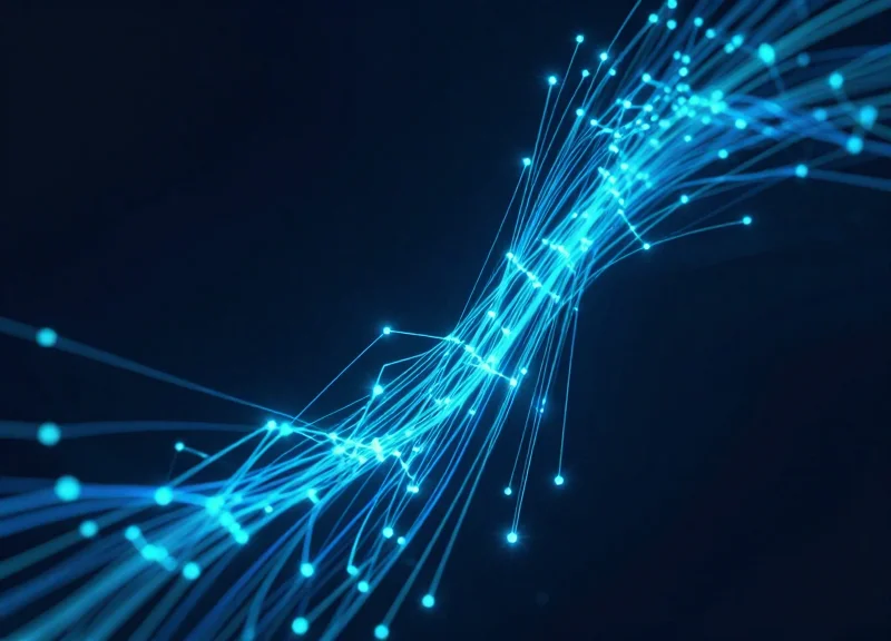 Abstract data visualization showing an upward trend of glowing blue light streams, representing ROI growth.