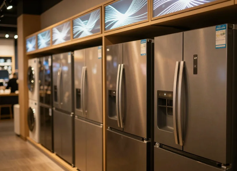 A modern appliance showroom with sleek digital price tags on high-end kitchen equipment.