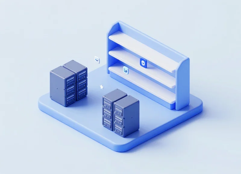 Isometric 3D model of a retail inventory system showing the connection between warehouse and store shelf labels.